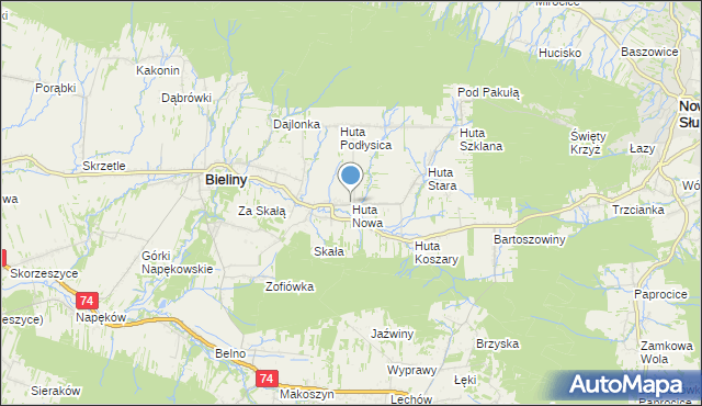 mapa Huta Nowa, Huta Nowa gmina Bieliny na mapie Targeo